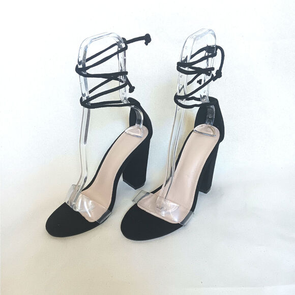 Women's wrap-around black heels with clear strap size 7.5 Gladiator - Picture 1 of 7